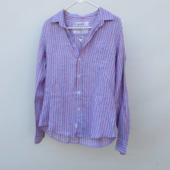 Frank & Eileen Linen Button Down Long Sleeve Pink Blue Striped Blouse Large - Picture 2 of 9